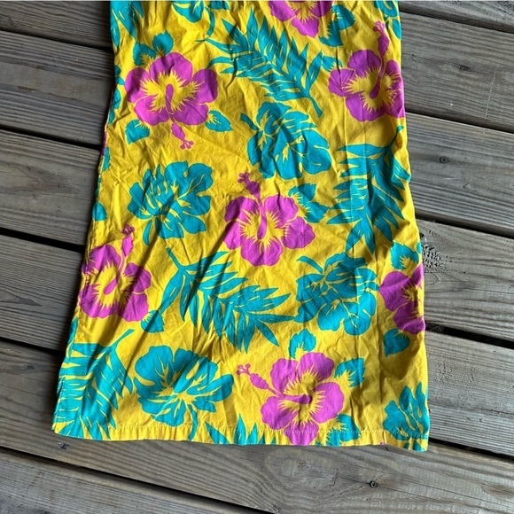 Vintage Blue Water Yellow Floral Dress Tropical Sleeveless Beach Vacation Mini S - Picture 14 of 15